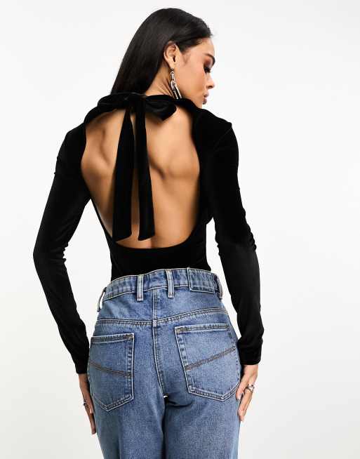 Black Slinky Open Back Long Sleeve Bodysuit