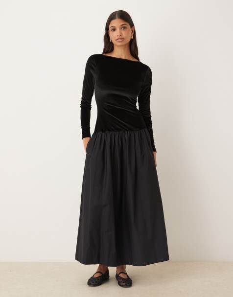 ASOS DESIGN velvet hybrid maxi dress with poplin skirt in midnight black - view 1