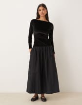 ASOS DESIGN shirred poplin maxi dress with dropped waist in black