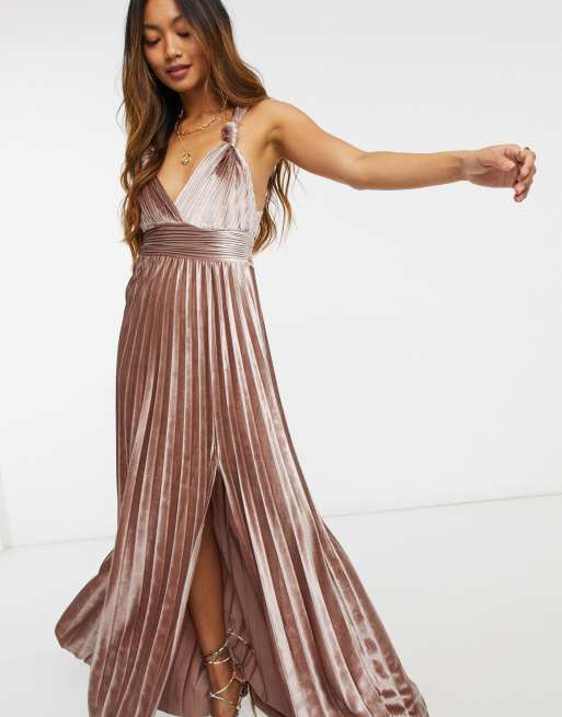 ASOS DESIGN velvet knot pleated maxi dress in gold