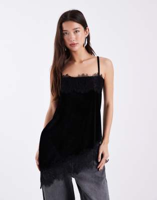 Asos Design Velvet Lace Trim Cami Top In Black