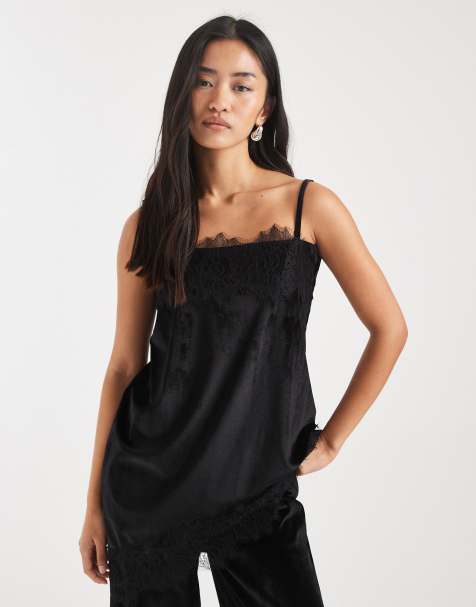 ASOS DESIGN velvet lace trim cami top in black