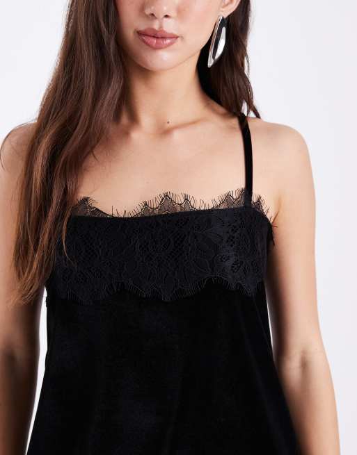 ASOS DESIGN velvet lace trim cami top in black
