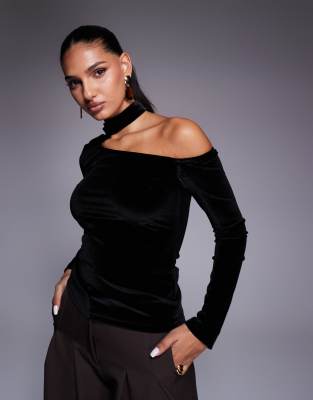 Asos Design Velvet Long Sleeve Asymmetric Top With Scarf Detail In Black