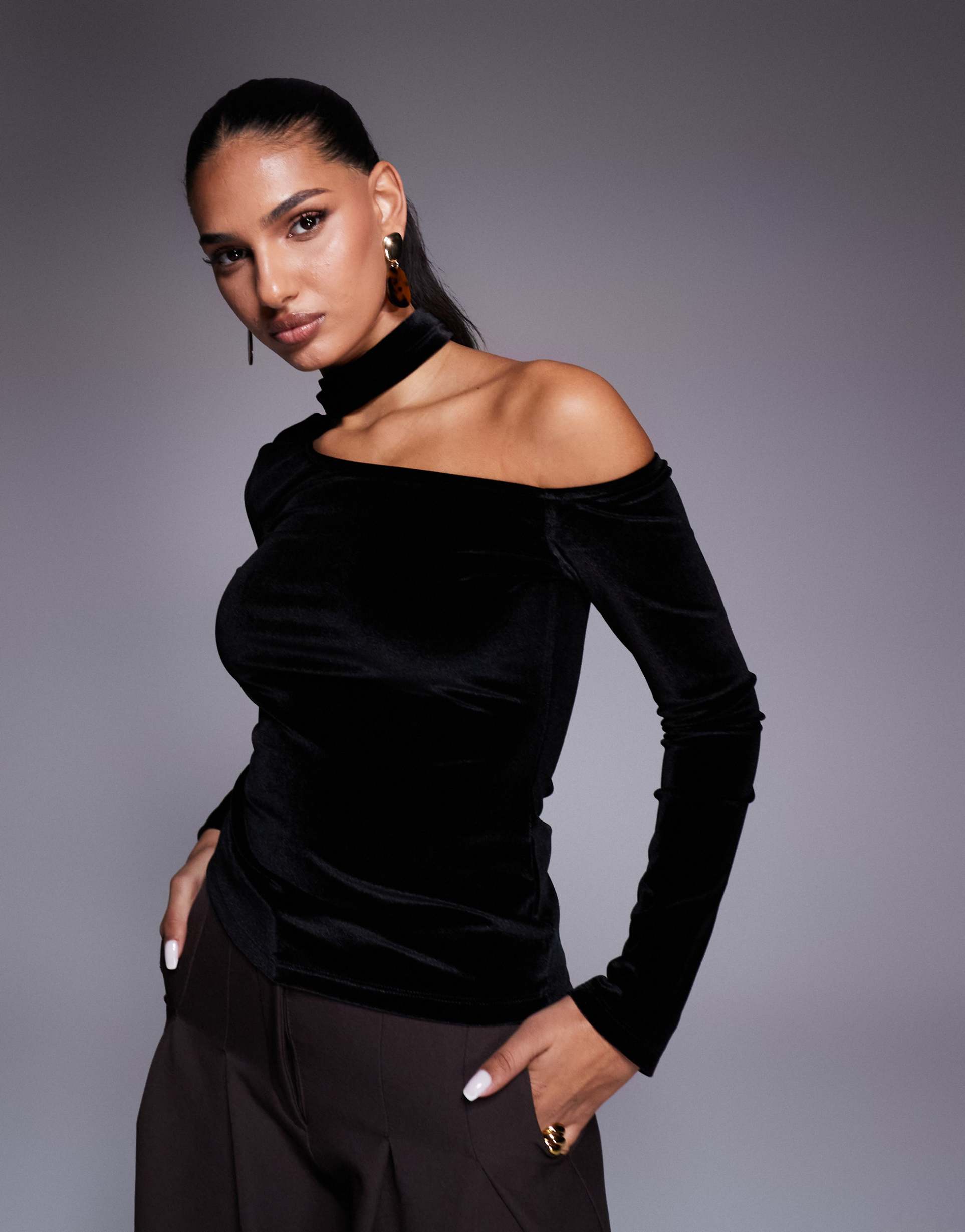 asos design velvet long sleeve asymmetric top with scarf detail in black