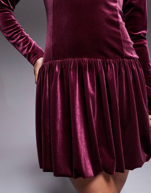 ASOS DESIGN velvet long sleeve bubble hem mini dress in plum, 4 of 4