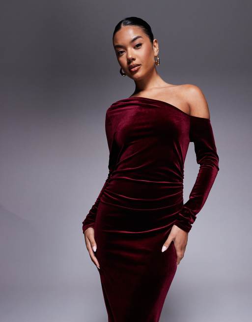 ASOS DESIGN velvet long sleeve fallen shoulder maxi dress in burgundy, 2 of 4
