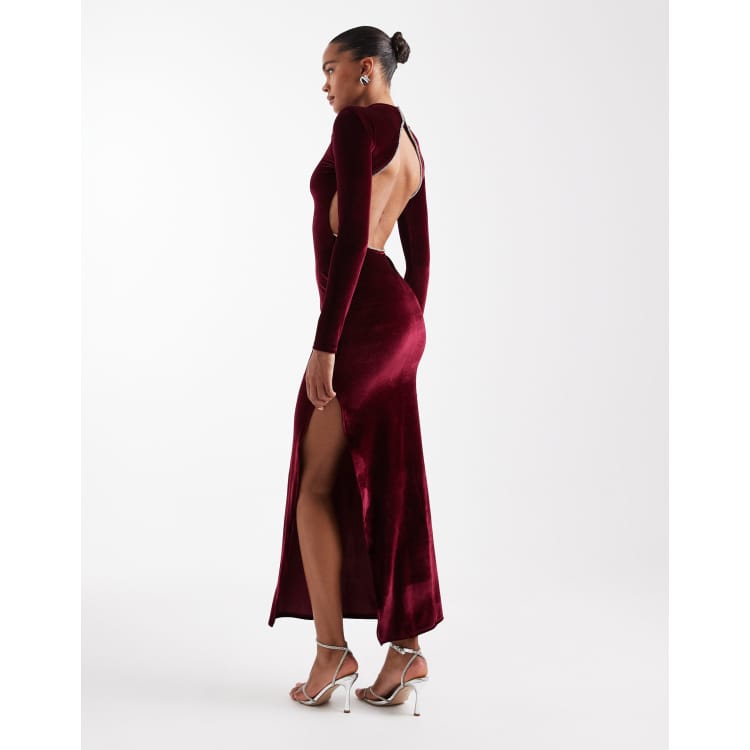 ASOS Design velvet long sleeve maxi dress with open back embellishment in berry-Red
