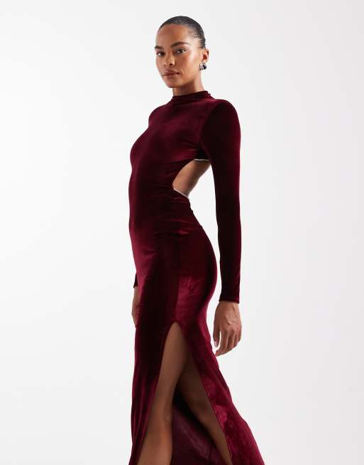 ASOS DESIGN velvet long sleeve maxi dress with open back embellishment in berry