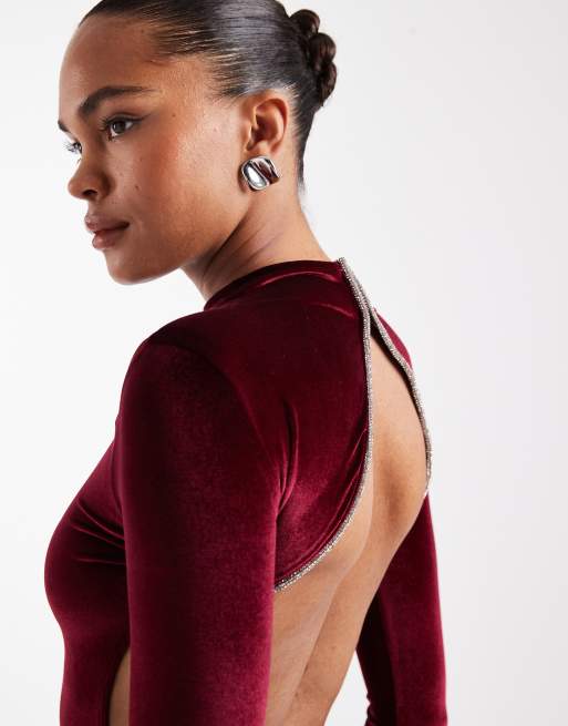 ASOS DESIGN velvet long sleeve maxi dress with open back embellishment in berry