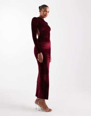 ASOS Design Velvet Long Sleeve Maxi Dress with Open Back Embellishment in berry-Red ASOS DESIGN velvet long sleeve maxi dress with open back embellishment in  berry | ASOS