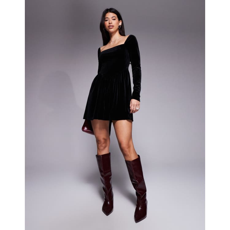ASOS DESIGN velvet long sleeve square neck mini dress in black | ASOS