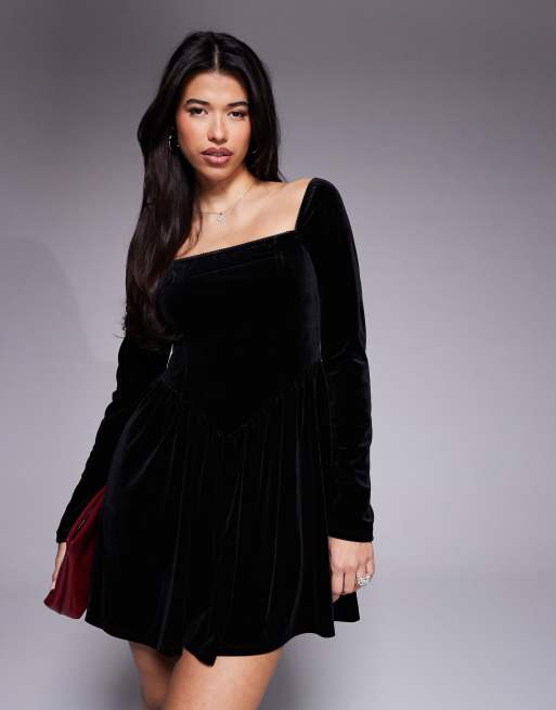 ASOS DESIGN velvet long sleeve square neck mini dress in black