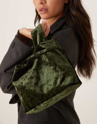 Asos Design Velvet Loop Through Clutch Bag In Green