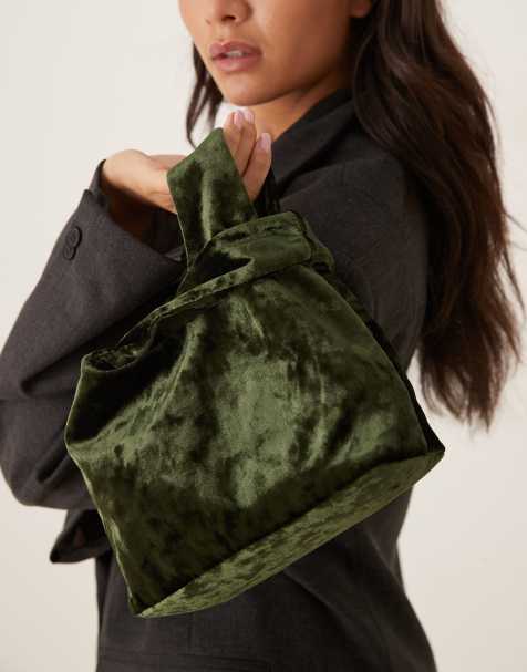 ASOS DESIGN velvet loop-through clutch bag in dark green - view 1