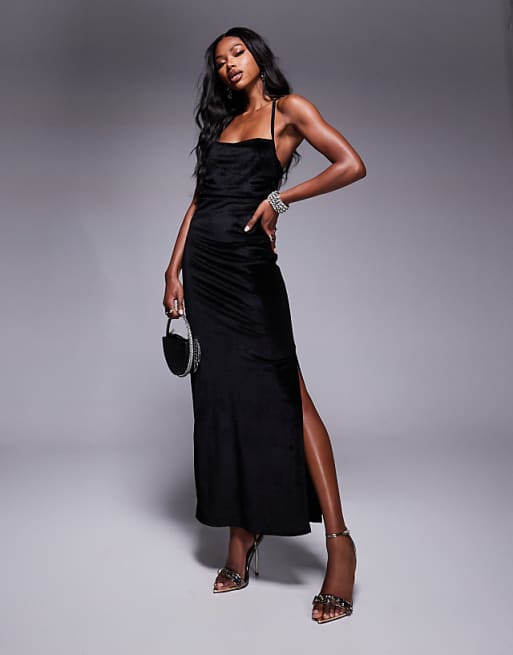 velvet black maxi dress Draped Cuff Off-the-shoulder Bridesmaid With Pockets In Hand Wash Cold Black Velvet Mesh Long Sleeve
