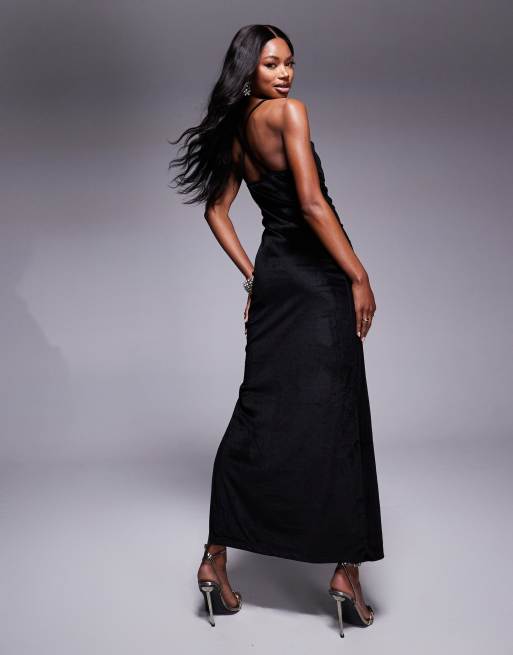 ASOS DESIGN velvet maxi dress with gathered side seams in black | ASOS