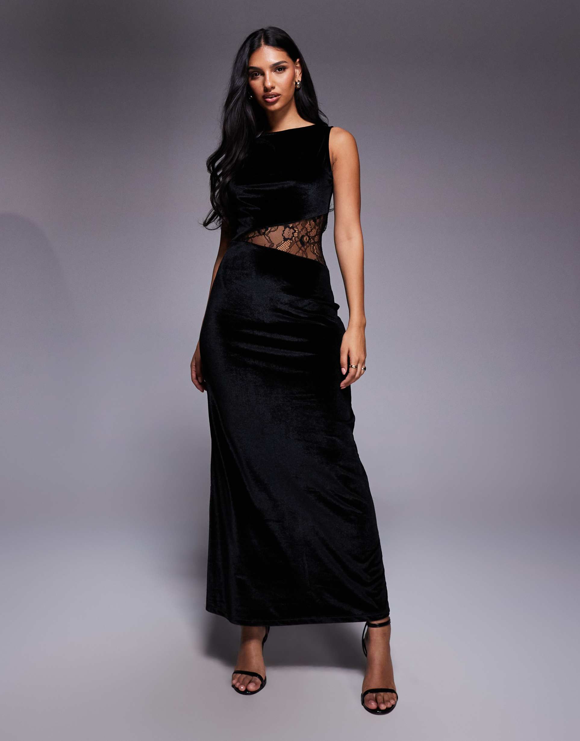 asos design velvet maxi dress with lace insert in black