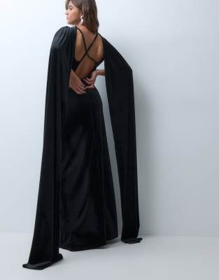 Asos Design Velvet Maxi Dress With Scarf Drape Detail In Multi
