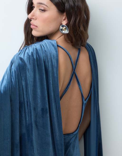 ASOS DESIGN velvet maxi dress with scarf drape detail in blue, 3 of 5