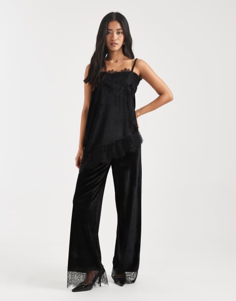 ASOS DESIGN velvet mid rise lace hem pants in black - part of a set - view 1