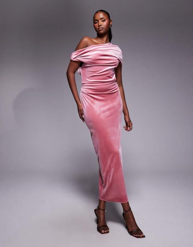 ASOS DESIGN velvet midi dress with fallen shoulder in dusty rose