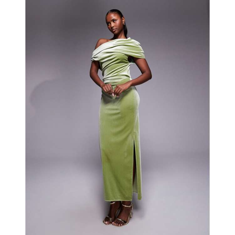ASOS Design Velvet Midi Dress with Fallen Shoulder in Green