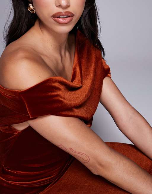 ASOS DESIGN velvet midi dress with fallen shoulder in rust