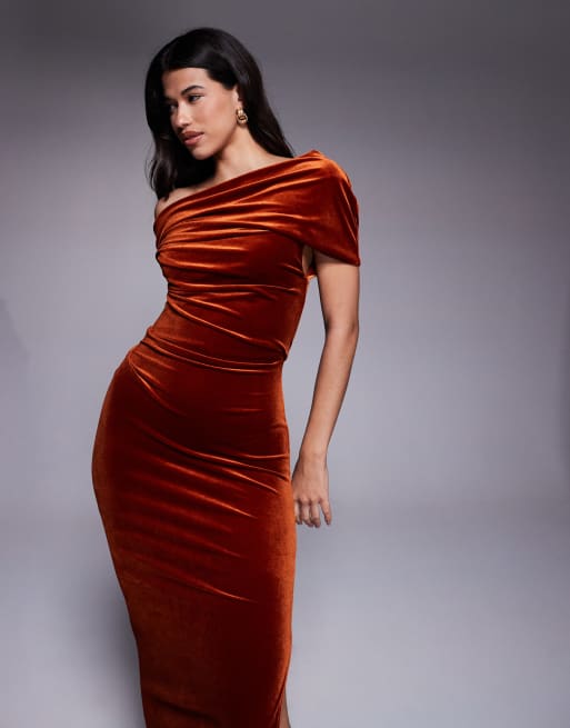 ASOS DESIGN velvet midi dress with fallen shoulder in rust