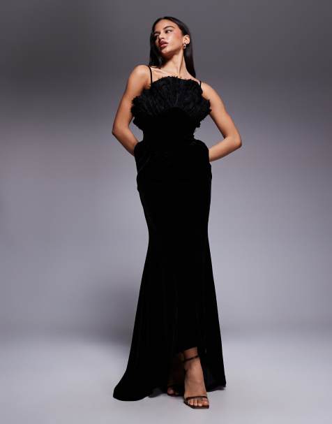 ASOS DESIGN premium velvet maxi dress with textured fan detail bodice in black 