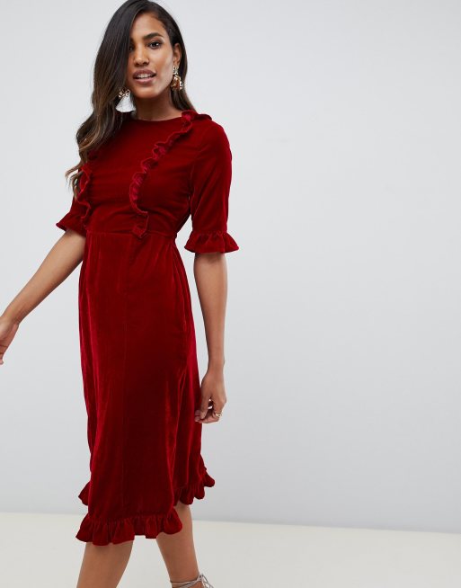 ASOS DESIGN velvet midi dress with ruffles | ASOS