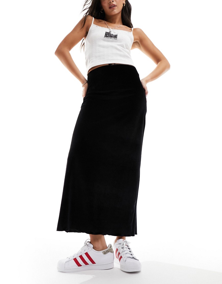 ASOS DESIGN velvet midi skirt with lettuce hem in black
