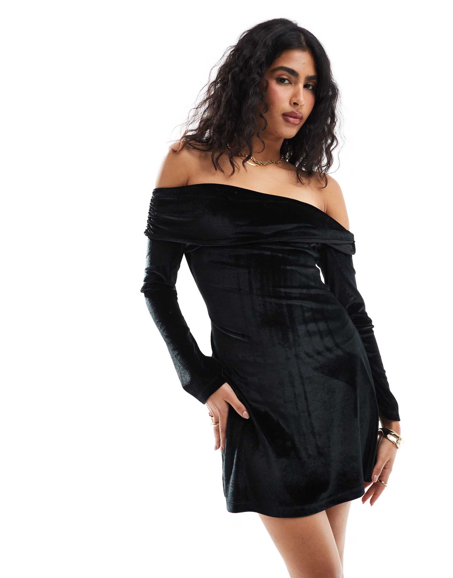 asos design velvet mini bardot dress in black