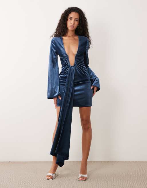 ASOS DESIGN velvet mini dress with deep plunge and sash detail in teal, 2 of 4
