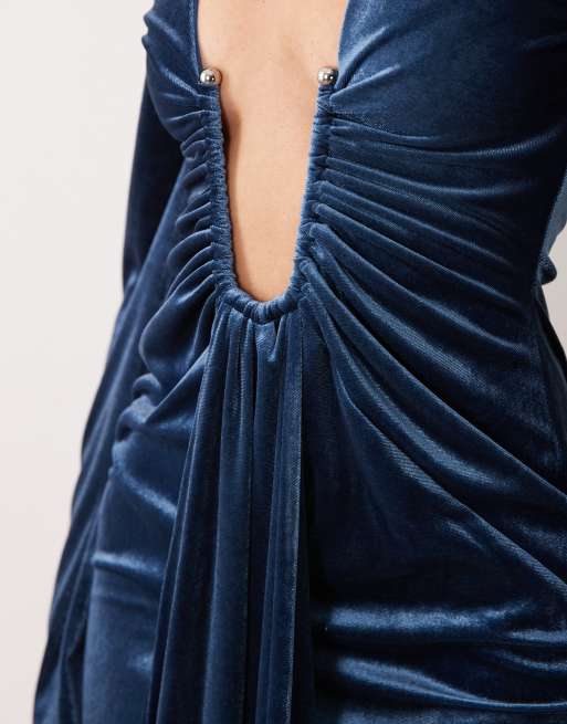 ASOS DESIGN velvet mini dress with deep plunge and sash detail in teal, 4 of 4