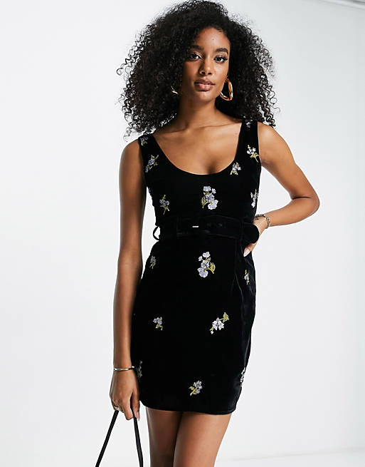 Dresses velvet mini dress with disty floral embroidery and belt detail in black 