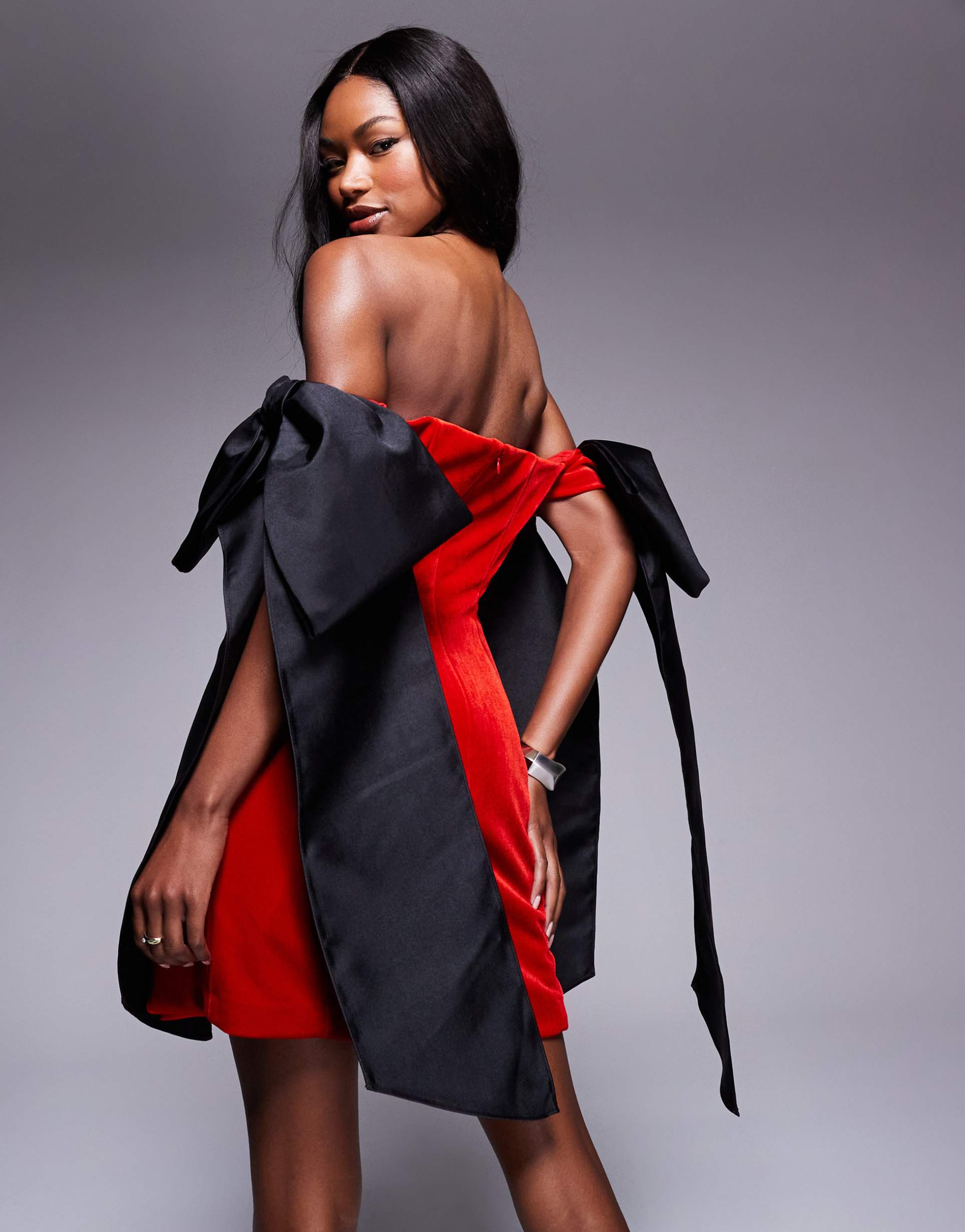 asos design velvet mini dress with extreme satin bows in red