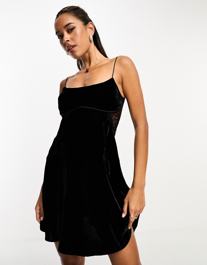 Asos Design Velvet Mini Dress With Lace Insert Detail In Black