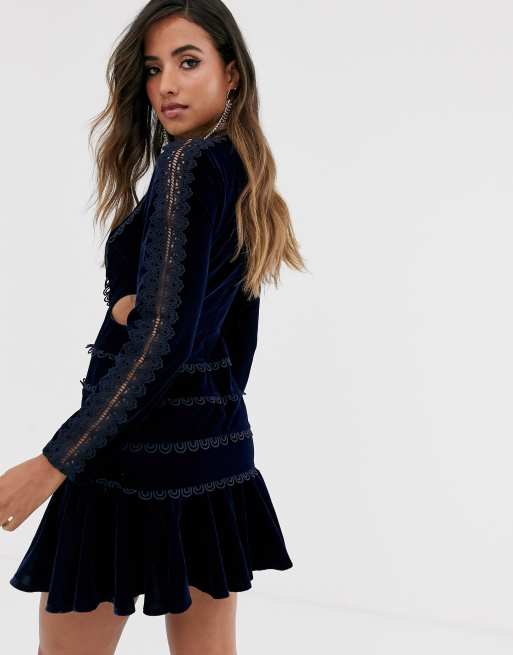 ASOS DESIGN velvet mini dress with lace trim and long sleeve, 2 of 4