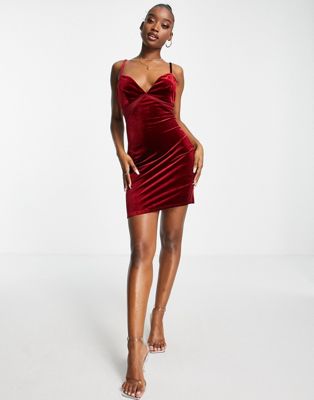ASOS DESIGN velvet mini dress with mesh cut outs in berry