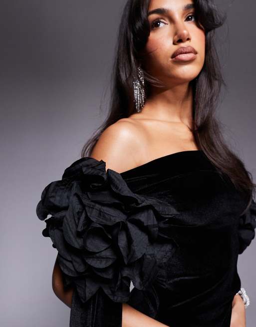 ASOS DESIGN velvet mini dress with oversized corsage trim sleeves in black, 2 of 4