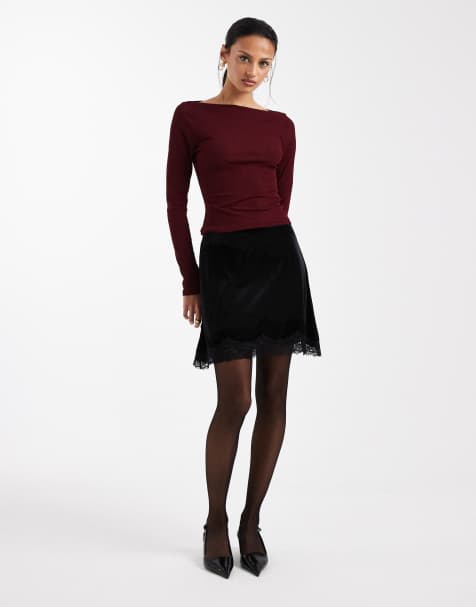 ASOS DESIGN velvet mini skirt with lace hem in black - view 1