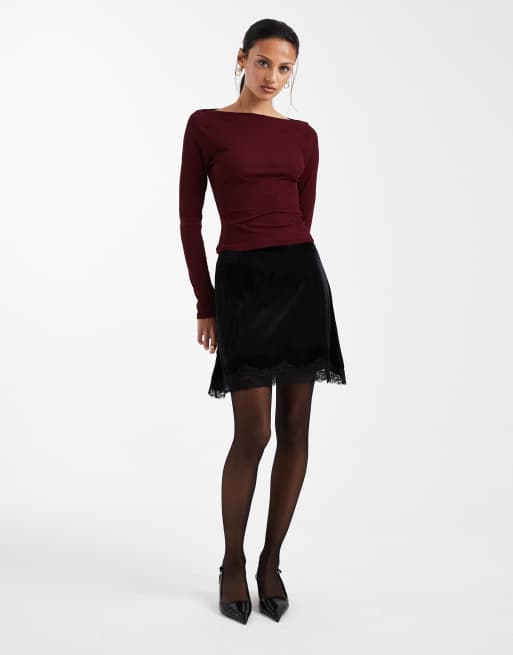 ASOS DESIGN velvet mini skirt with lace hem in black, 2 of 5