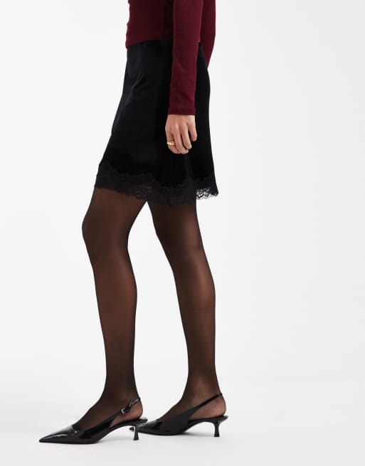 ASOS DESIGN velvet mini skirt with lace hem in black, 4 of 5