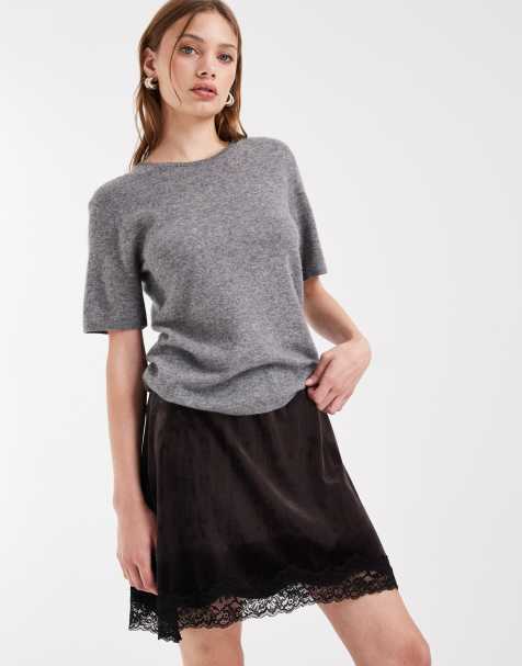 ASOS DESIGN velvet mini skirt with lace hem in chocolate