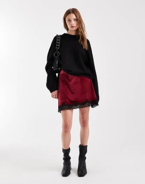 ASOS DESIGN velvet mini skirt with lace hem in wine - view 1