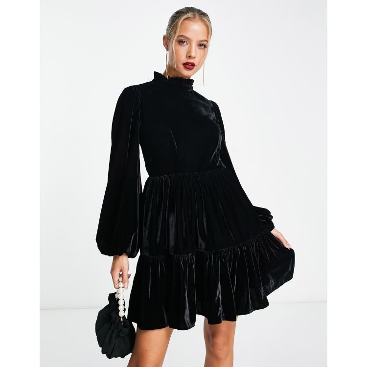 Women's Petite Velvet Sequin Volume Sleeve Skater Dress