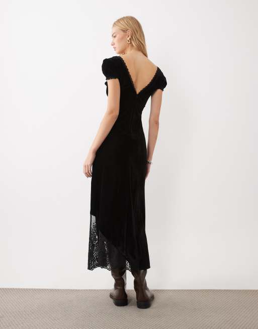 ASOS DESIGN velvet mini tea dress with lace in black, 4 of 4