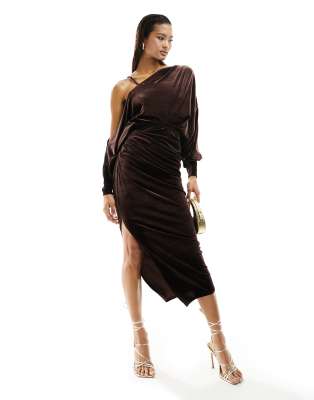 Asos Design Velvet Off Shoulder Grecian Drape Midi Dress In Chocolate-brown