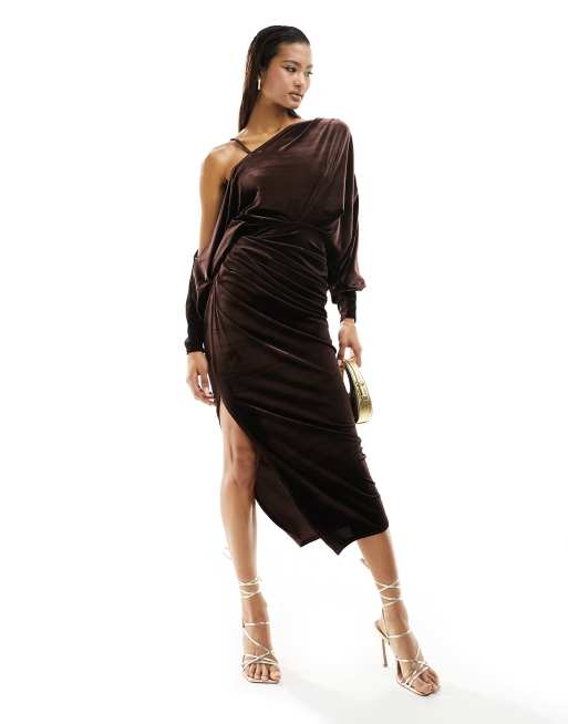 ASOS DESIGN velvet off shoulder grecian drape midi dress in chocolate